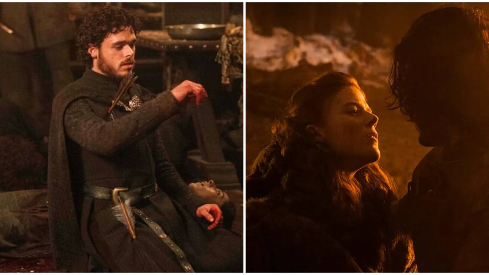 Split image of Robb Stark at the Red Wedding and Ygritte and Jon in Game of Thrones.