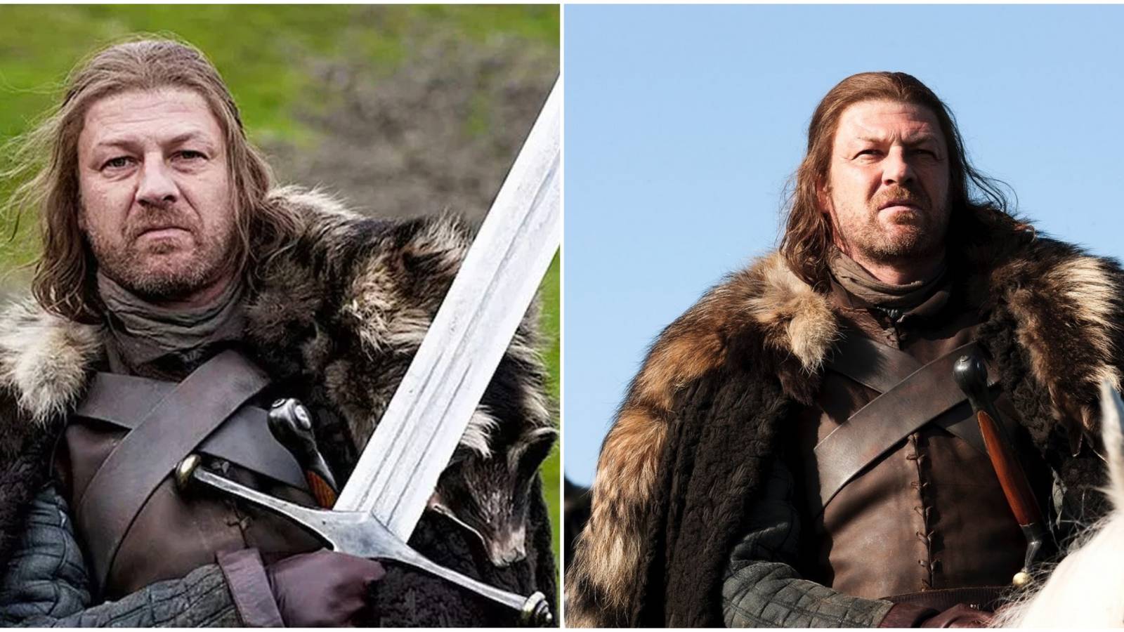 Split image of Ned Stark carrying Ice in Game of Thrones.