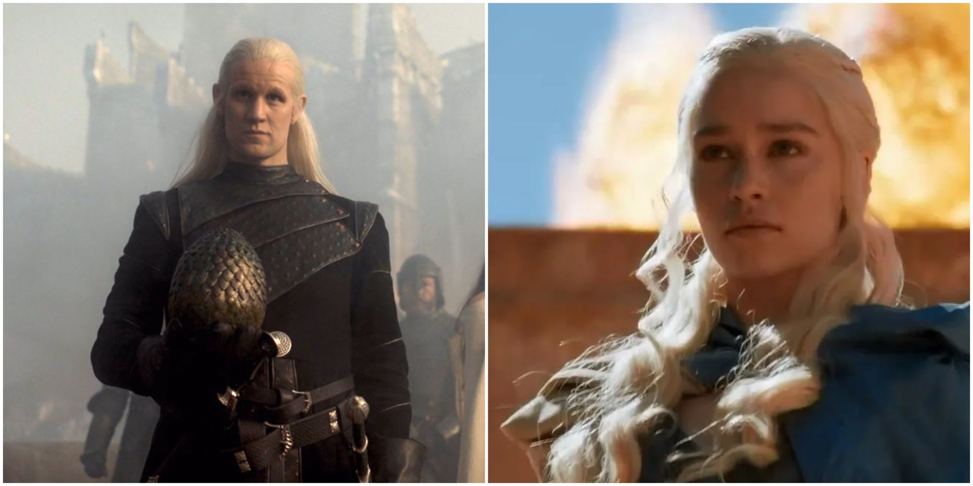 Split images of Daemon Targaryen in House of the Dragon and Daenerys Targaryen in Game of Thrones.