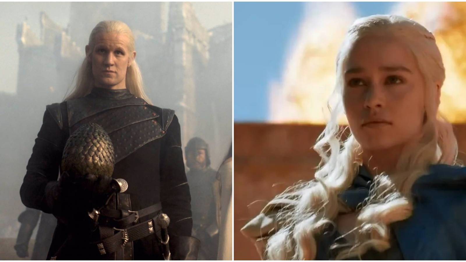 Split images of Daemon Targaryen in House of the Dragon and Daenerys Targaryen in Game of Thrones.
