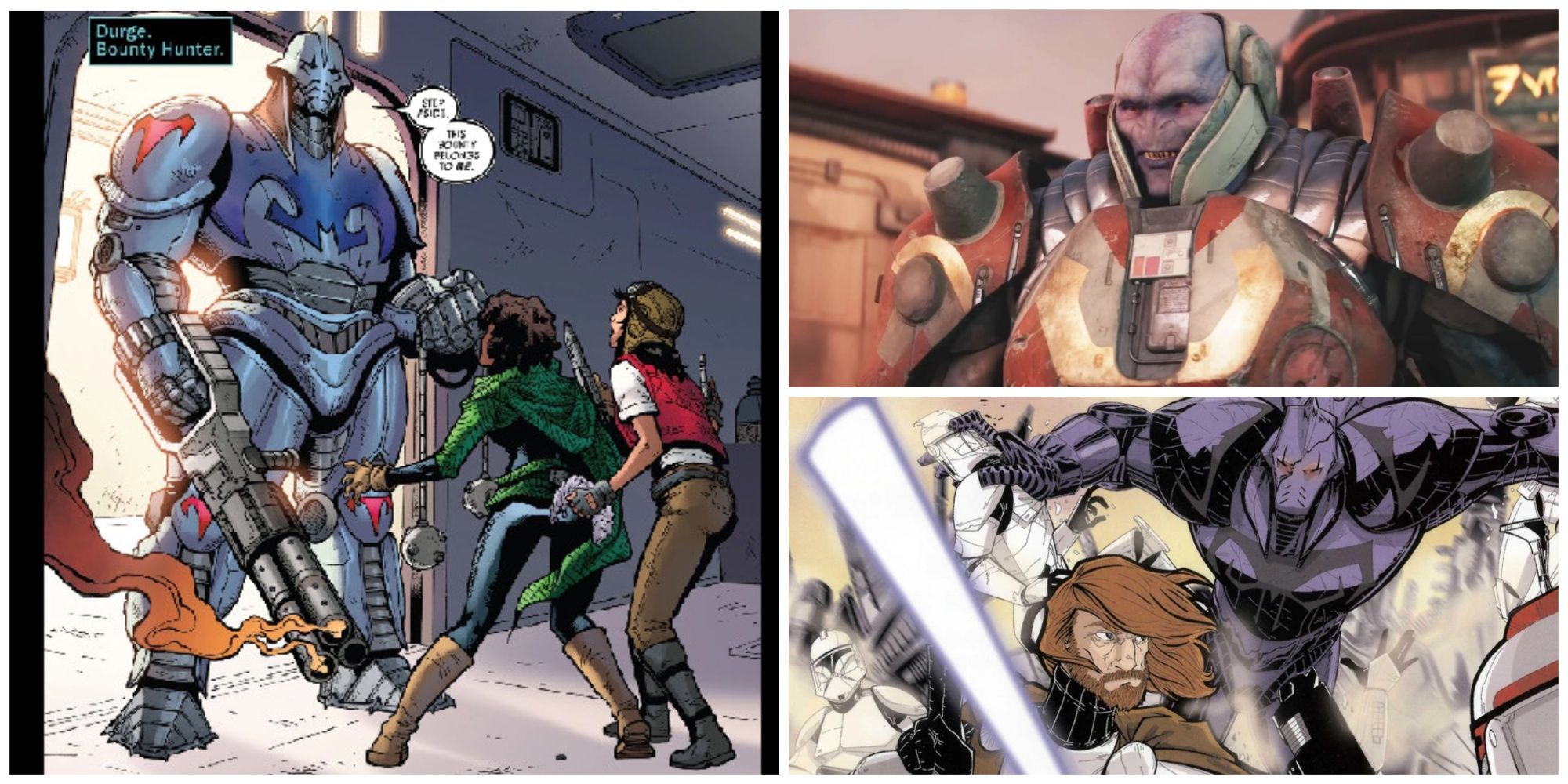 Left: Durge In Doctor Aphra. Top-Right: A Gen-Dai from Star Wars Jedi: Survivor. Bottom-Right: Obi-Wan Versus Durge