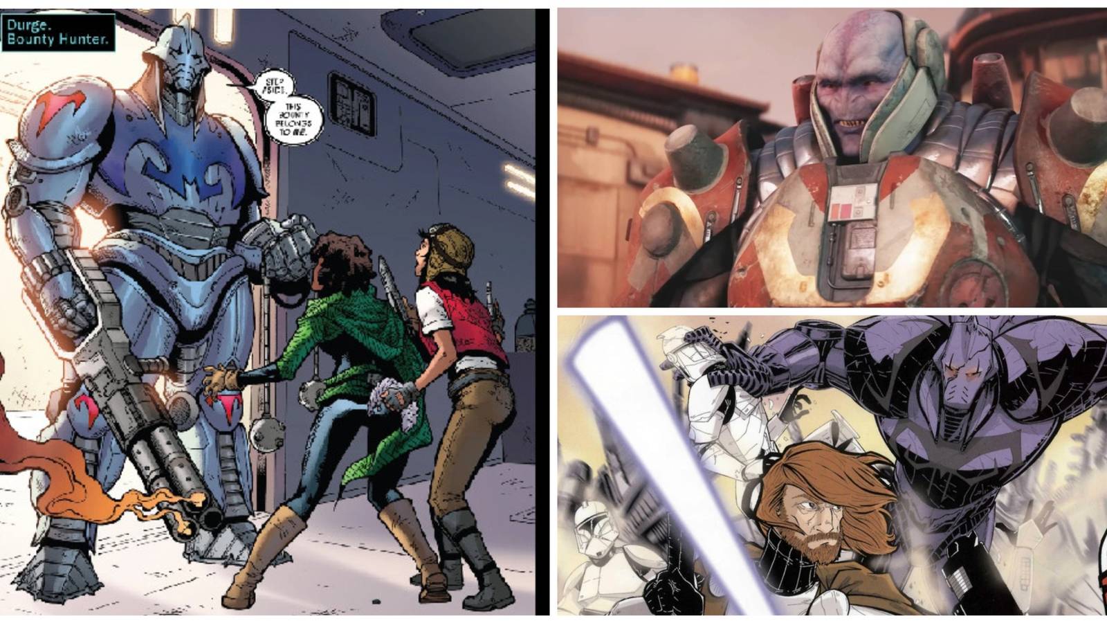 Left: Durge In Doctor Aphra. Top-Right: A Gen-Dai from Star Wars Jedi: Survivor. Bottom-Right: Obi-Wan Versus Durge