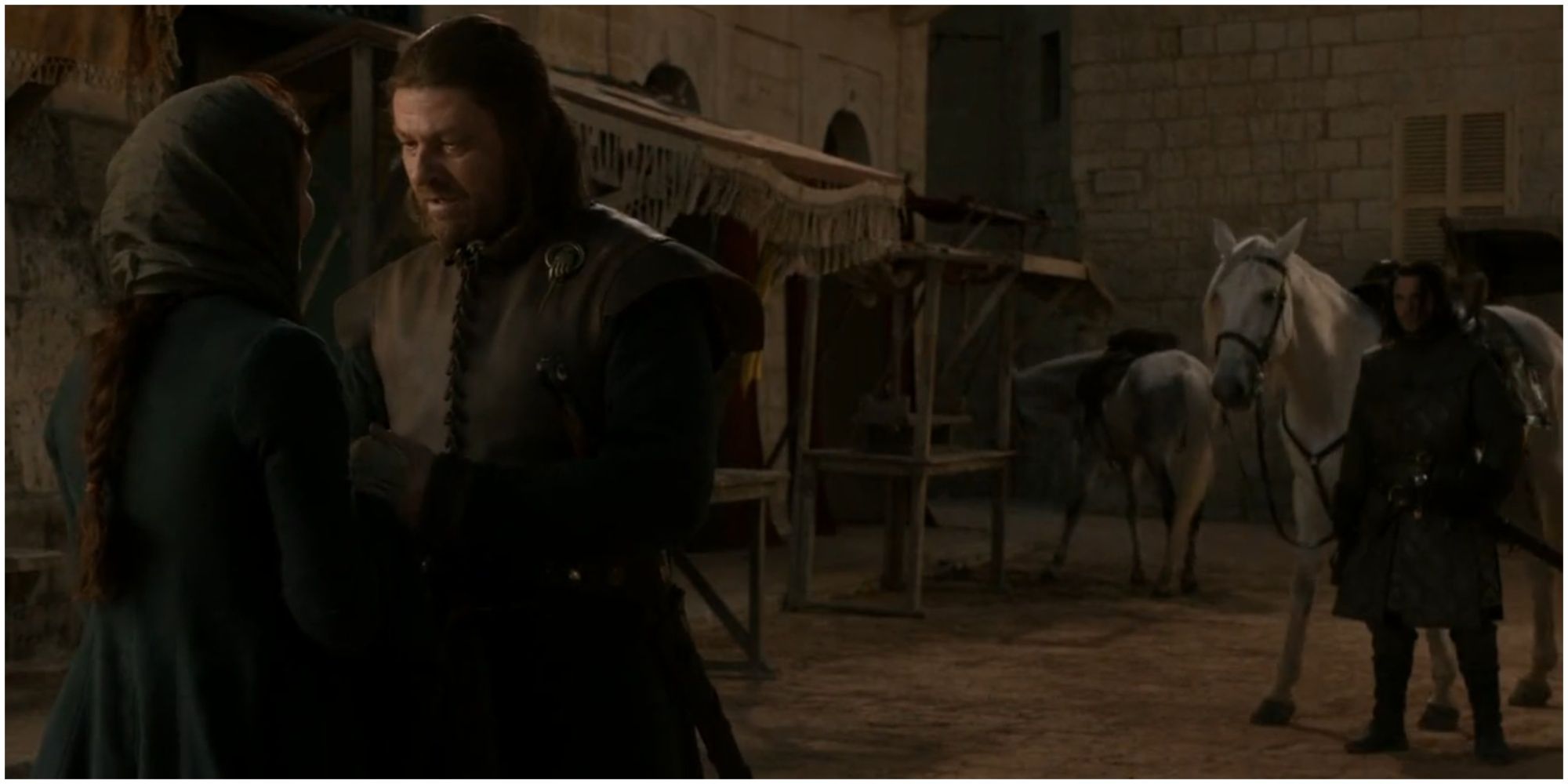 Catelyn and Ned in King's Landing in Game of Thrones.