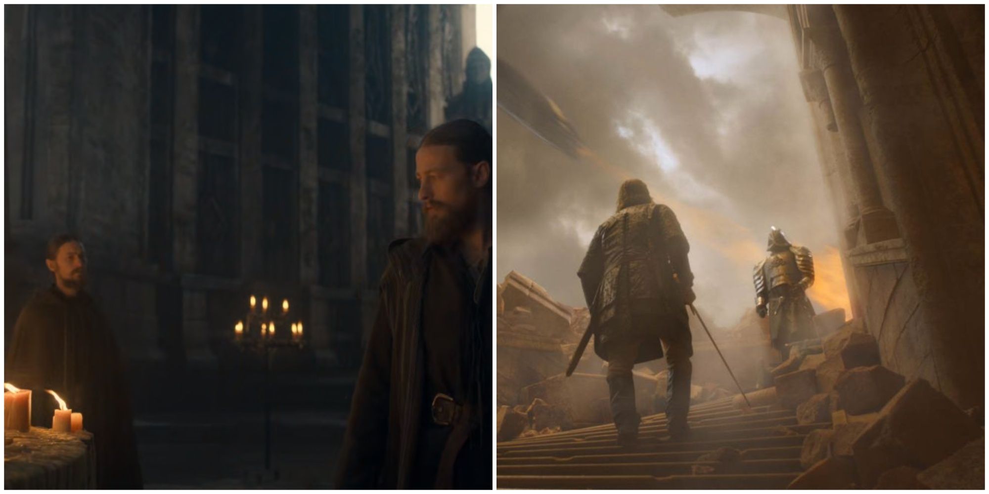 Split image of The Cargyll twins in House of the Dragon and Cleganebowl in Game of Thrones.