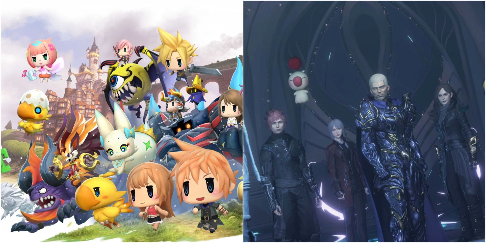 Split image World of Final Fantasy and Strangers of Paradise cast together