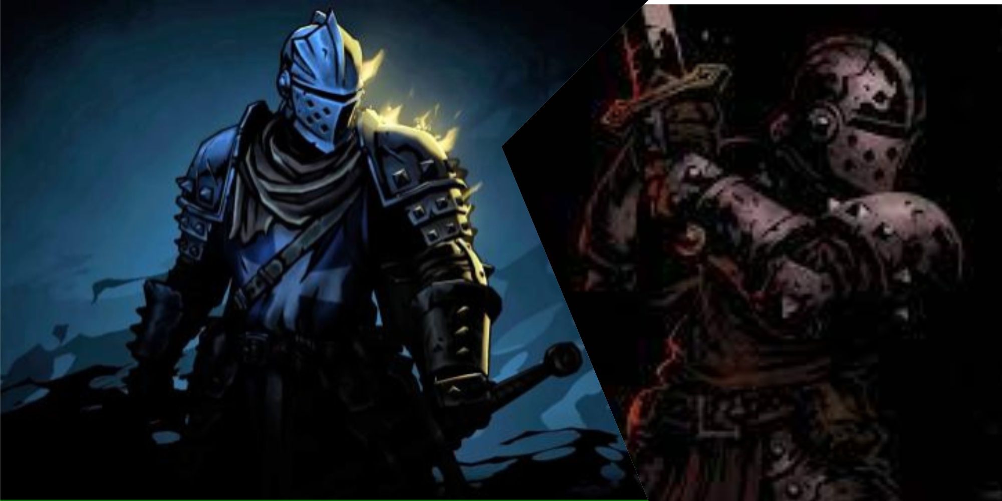 The Crusader from Darkest Dungeon 2 stands to the left of his appearance in the original Darkest Dungeon