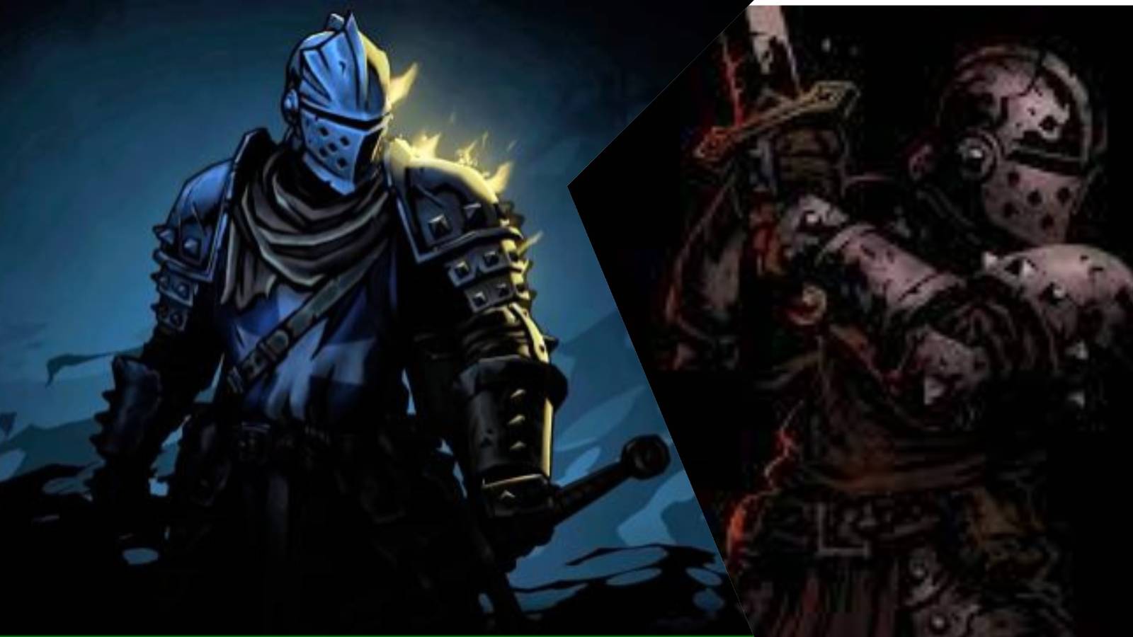 The Crusader from Darkest Dungeon 2 stands to the left of his appearance in the original Darkest Dungeon