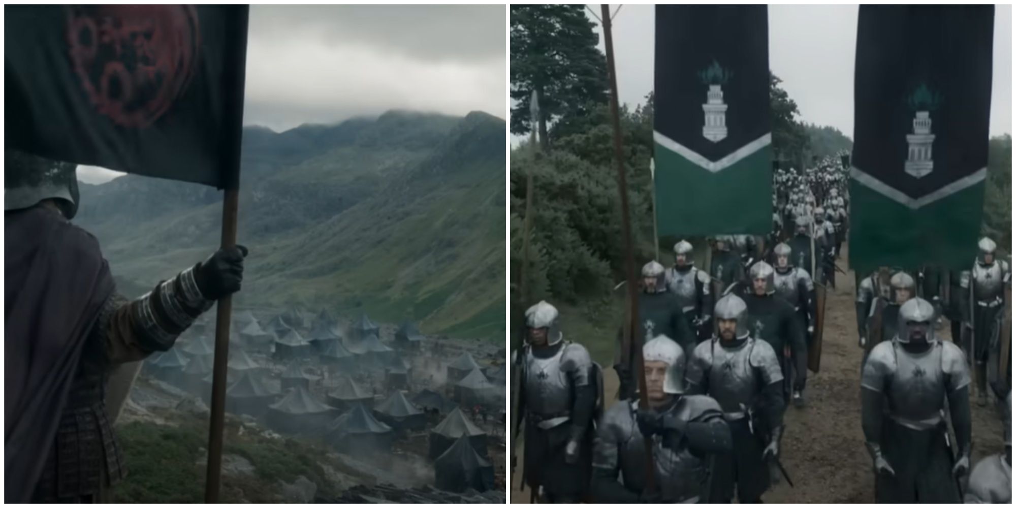 Split image of the Targaryen encampment and Hightower banners in House of the Dragon season 2 teaser trailer.
