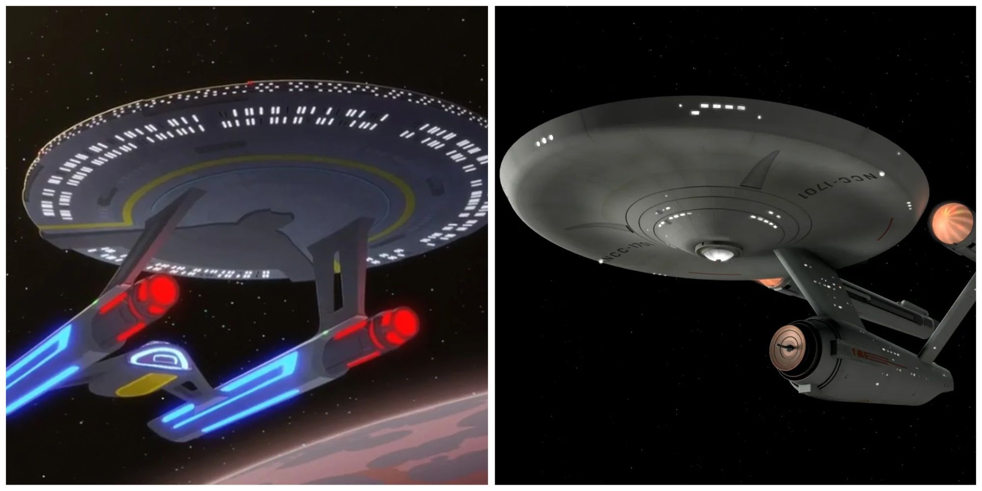 Split image showing the USS Enterprise and the USS Cerritos.