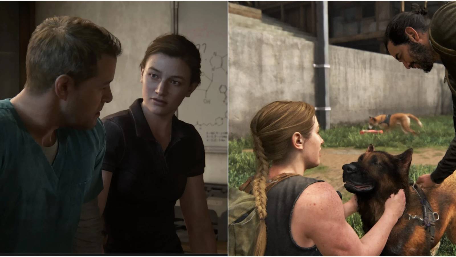 Abby speaking to her dad and petting a dog 