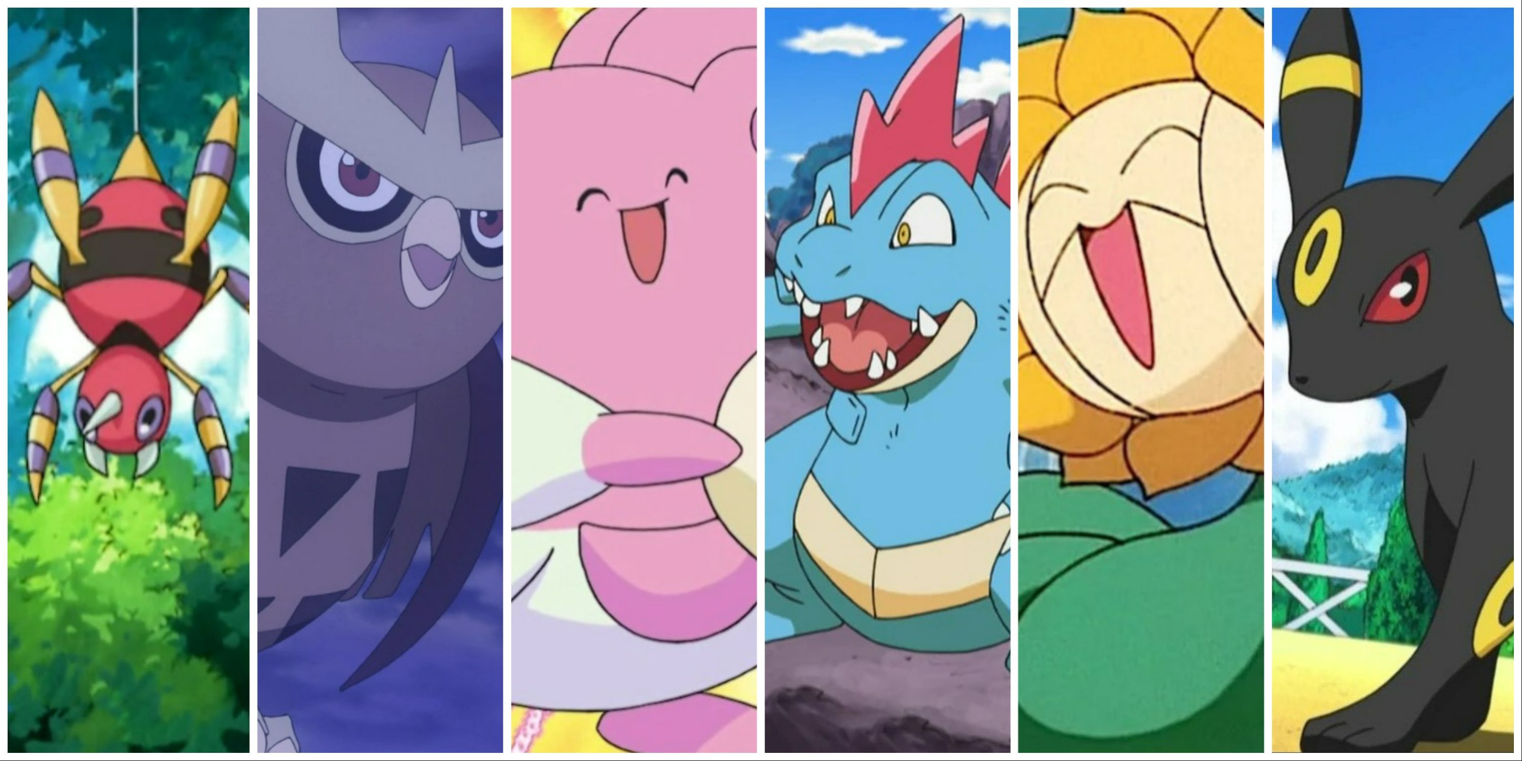 A collage of pokemon containing Ariados, Noctowl, Blissey, Feraligatr, Sunflora and Umbreon