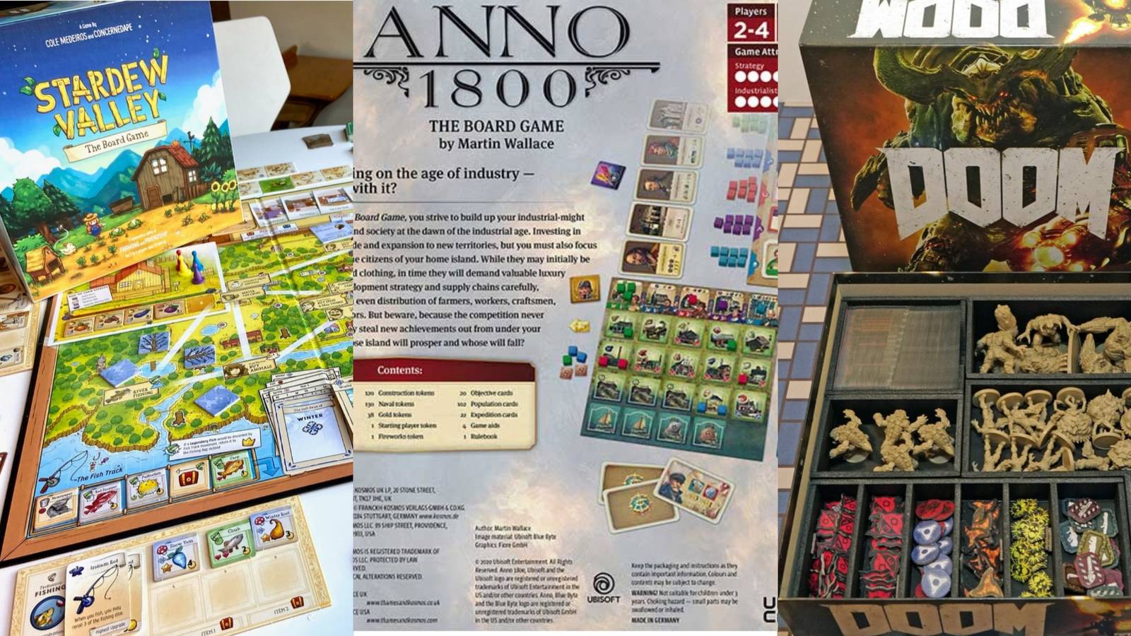 The board games based on Stardew Valley, Anno 1800 and Doom (2016)