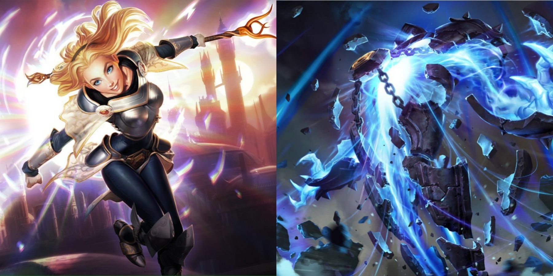 Lux and Xerath charging up their spells in their League of Legends splash arts
