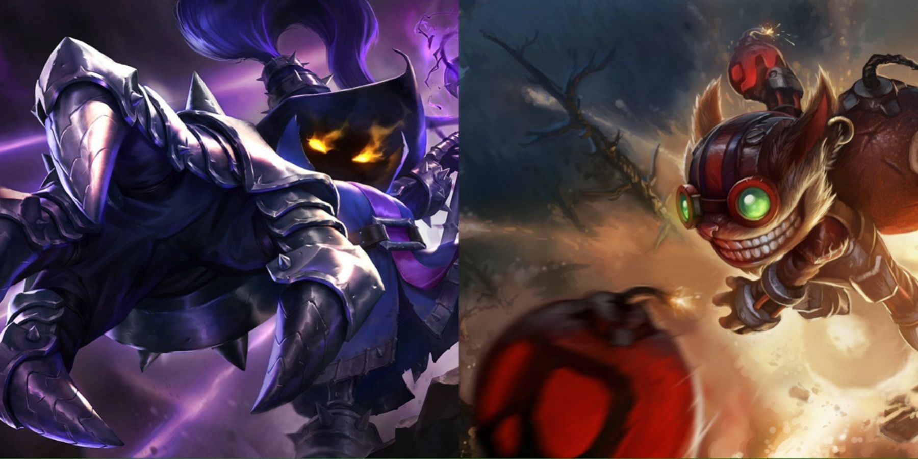 Veigar casting a spell and Ziggs throwing bomb in their League of Legends splash arts