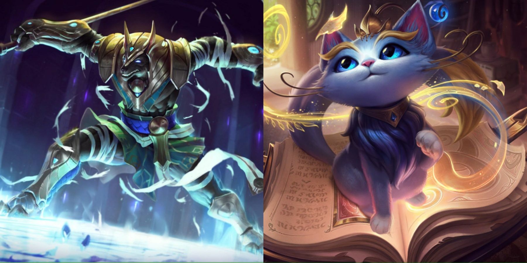 Nasus casting his E and Yuumi casting her Q in their League of Legends splash art