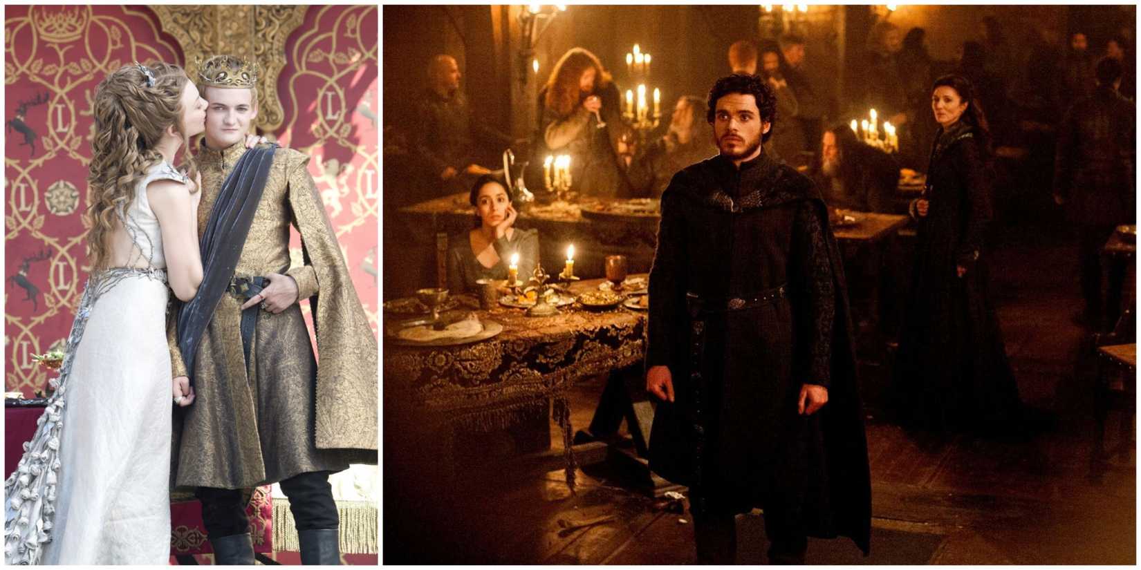 Split image of the Purple Wedding and the Red Wedding in Game of Thrones.