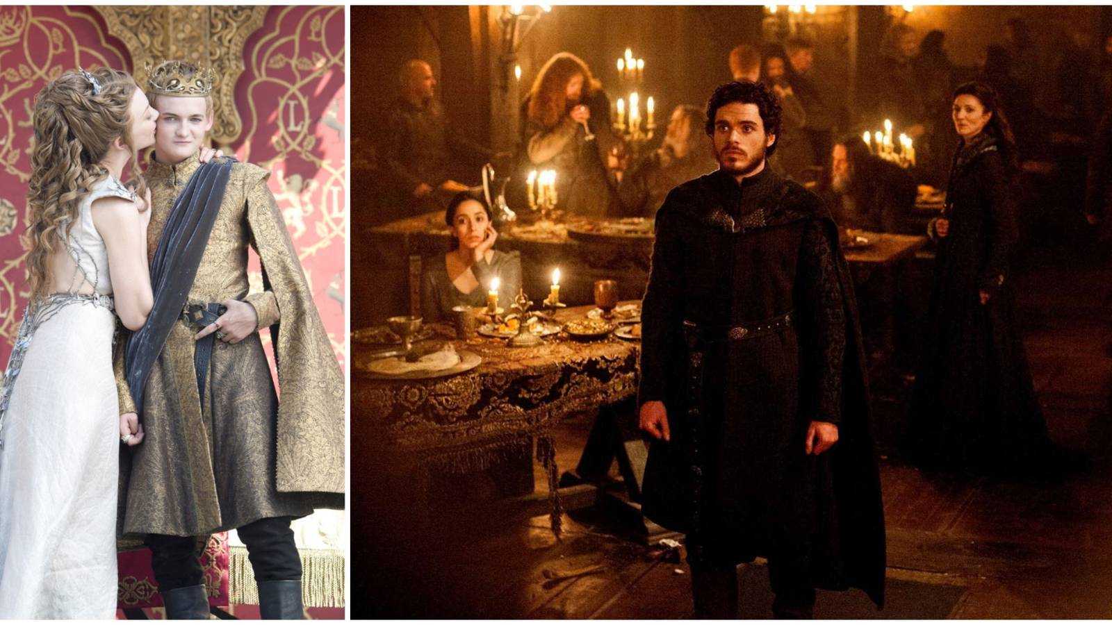 Split image of the Purple Wedding and the Red Wedding in Game of Thrones.