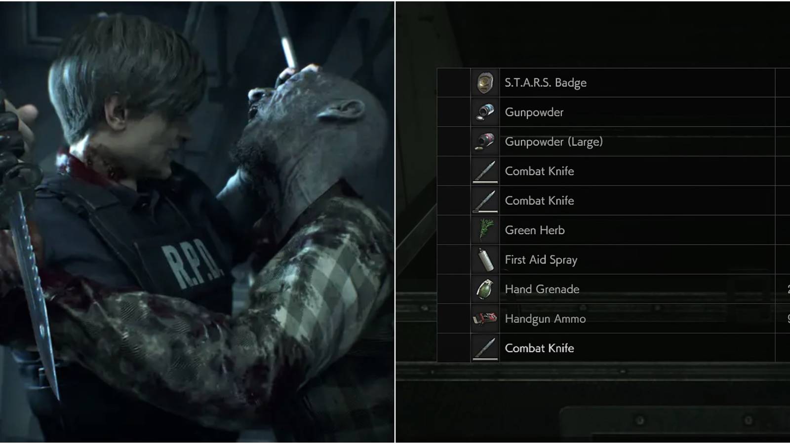 Leon stopping a zombie and items 