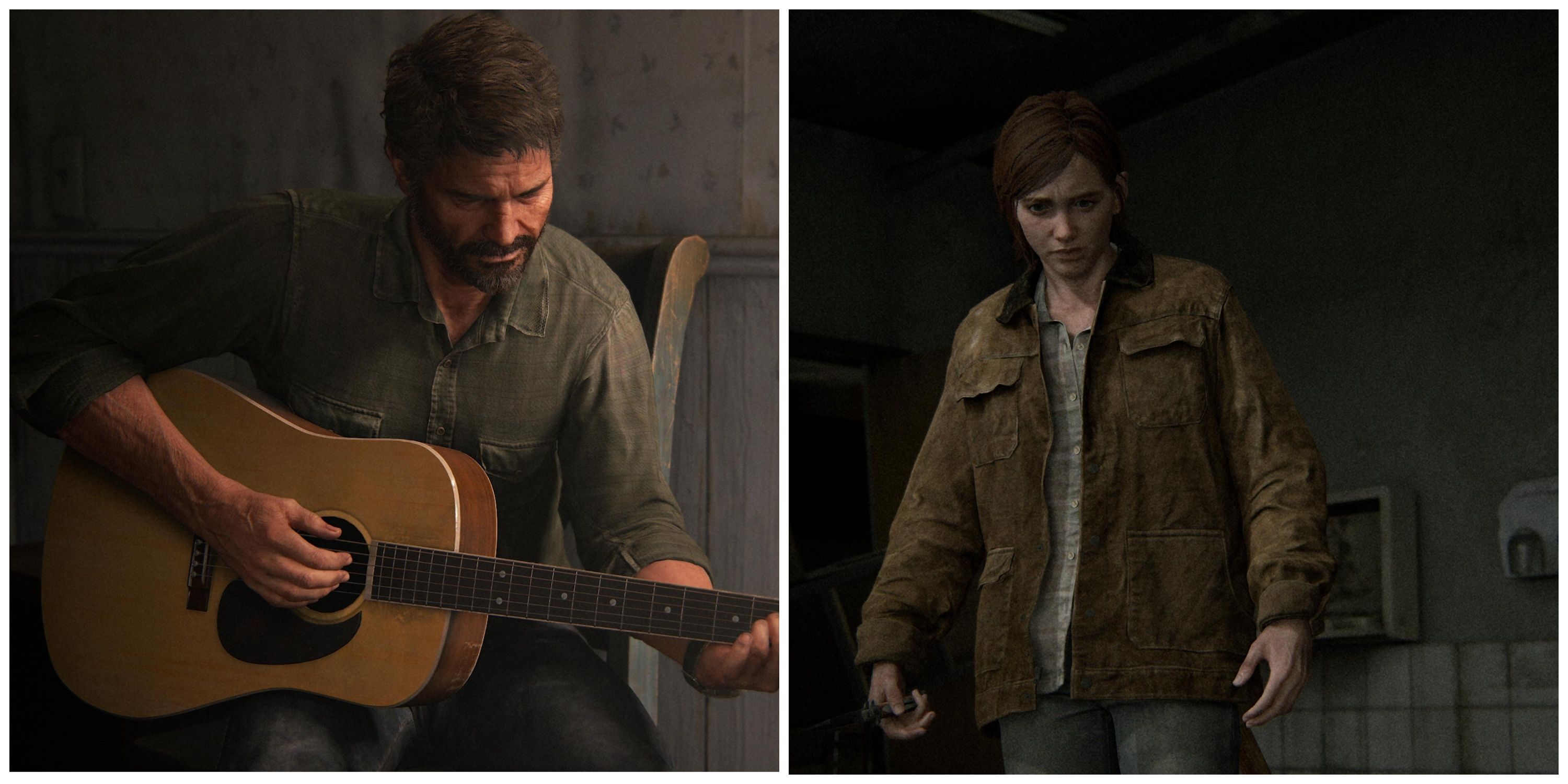 joel playing the guitar, ellie wearing joel's coat