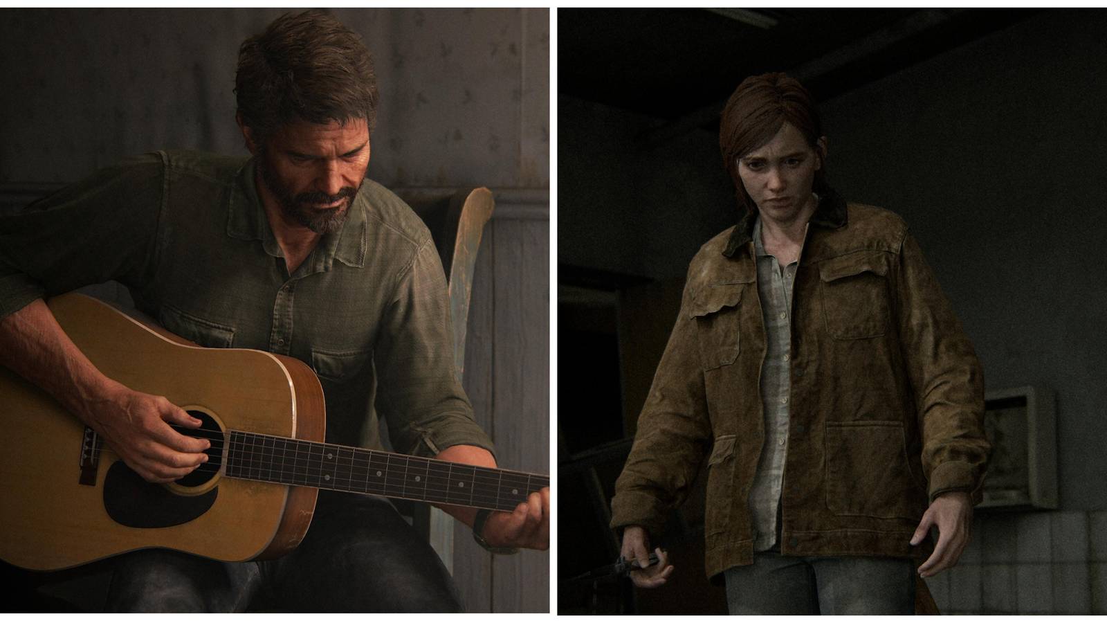 joel playing the guitar, ellie wearing joel's coat