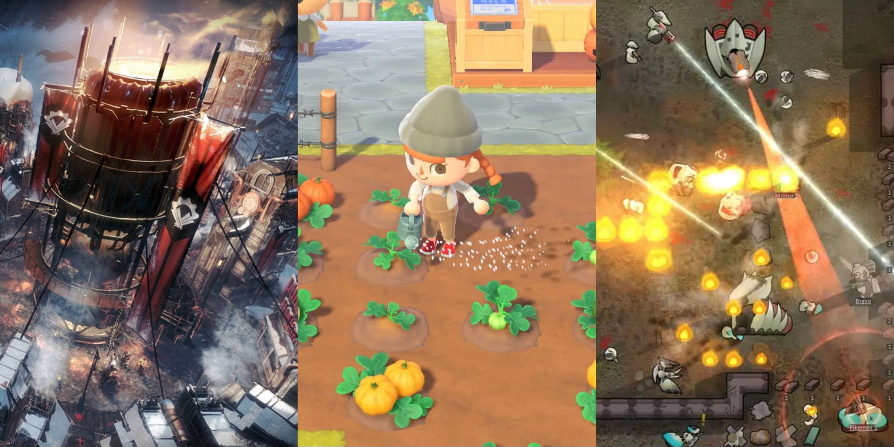 Frostpunk, Animal Crossing: New Horizons and Rimworld gameplay screenshots