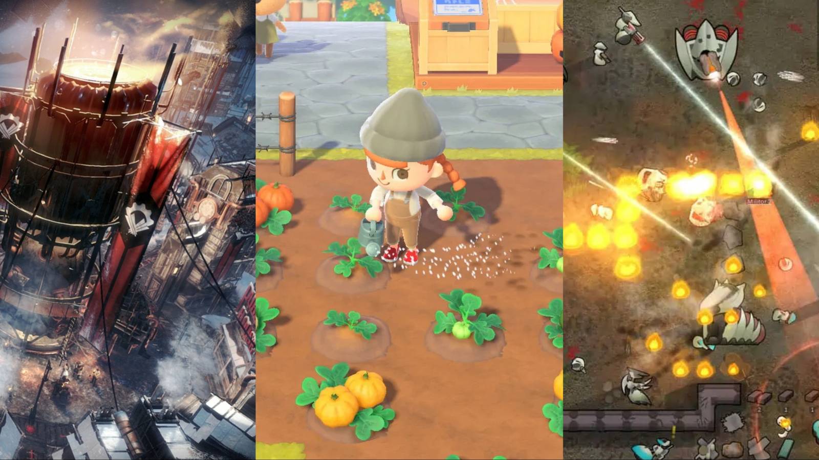 Frostpunk, Animal Crossing: New Horizons and Rimworld gameplay screenshots