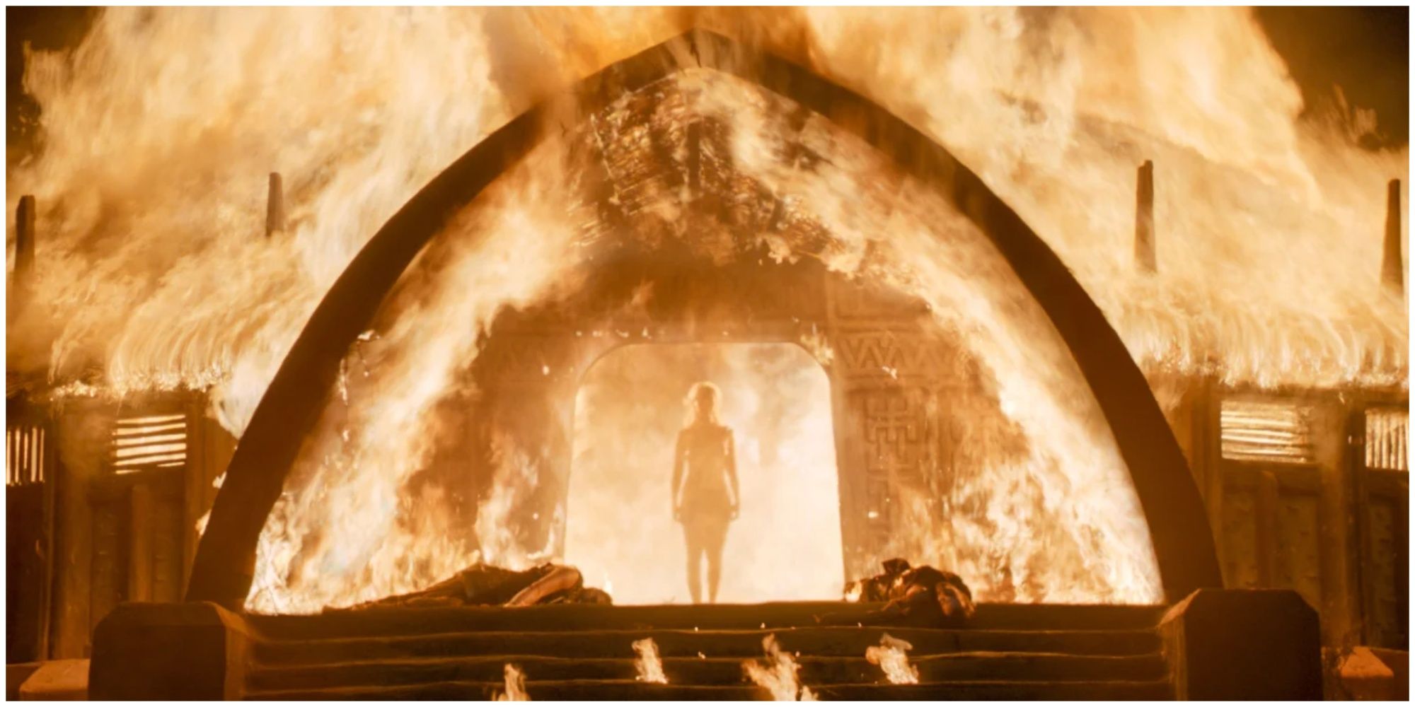 Daenerys Targaryen emerges from the burning Temple of the Dosh Khaleen in Game of Thrones.