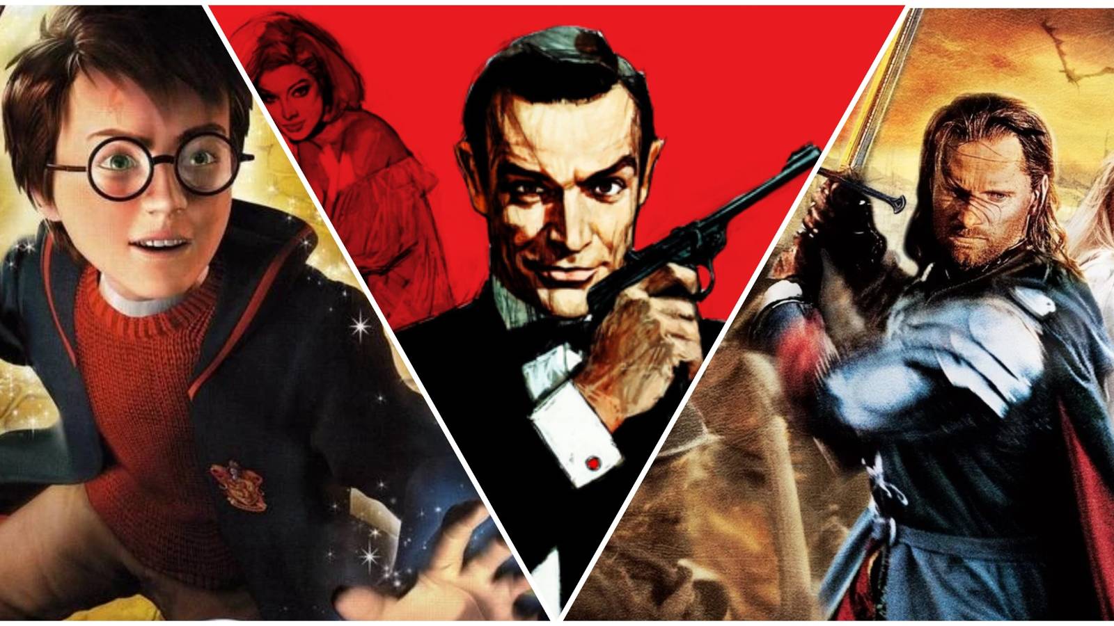 A Collage of Posters for Harry Potter, James Bond, and Lord of the Rings