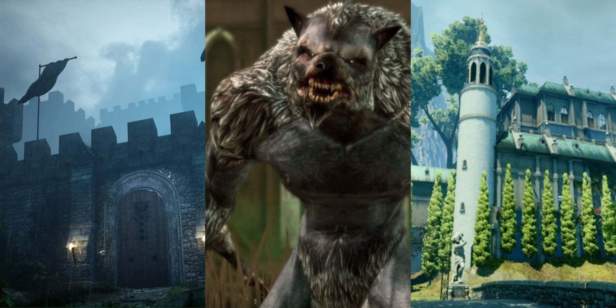 A trisplit of Caer Bronach from Dragon Age Inqusition, werewolves from Dragon Age Origins and Chateau d'Onterre from Dragon Age Inquisition