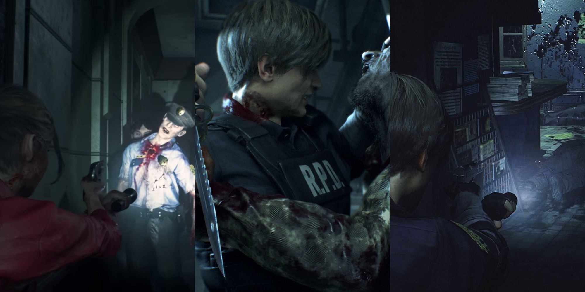 3 images of leon and claire fighting zombies