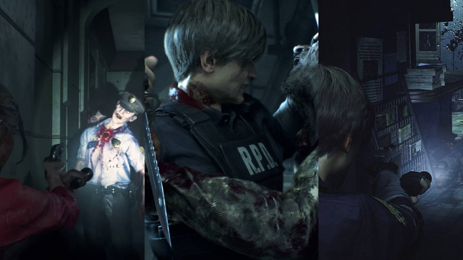 3 images of leon and claire fighting zombies