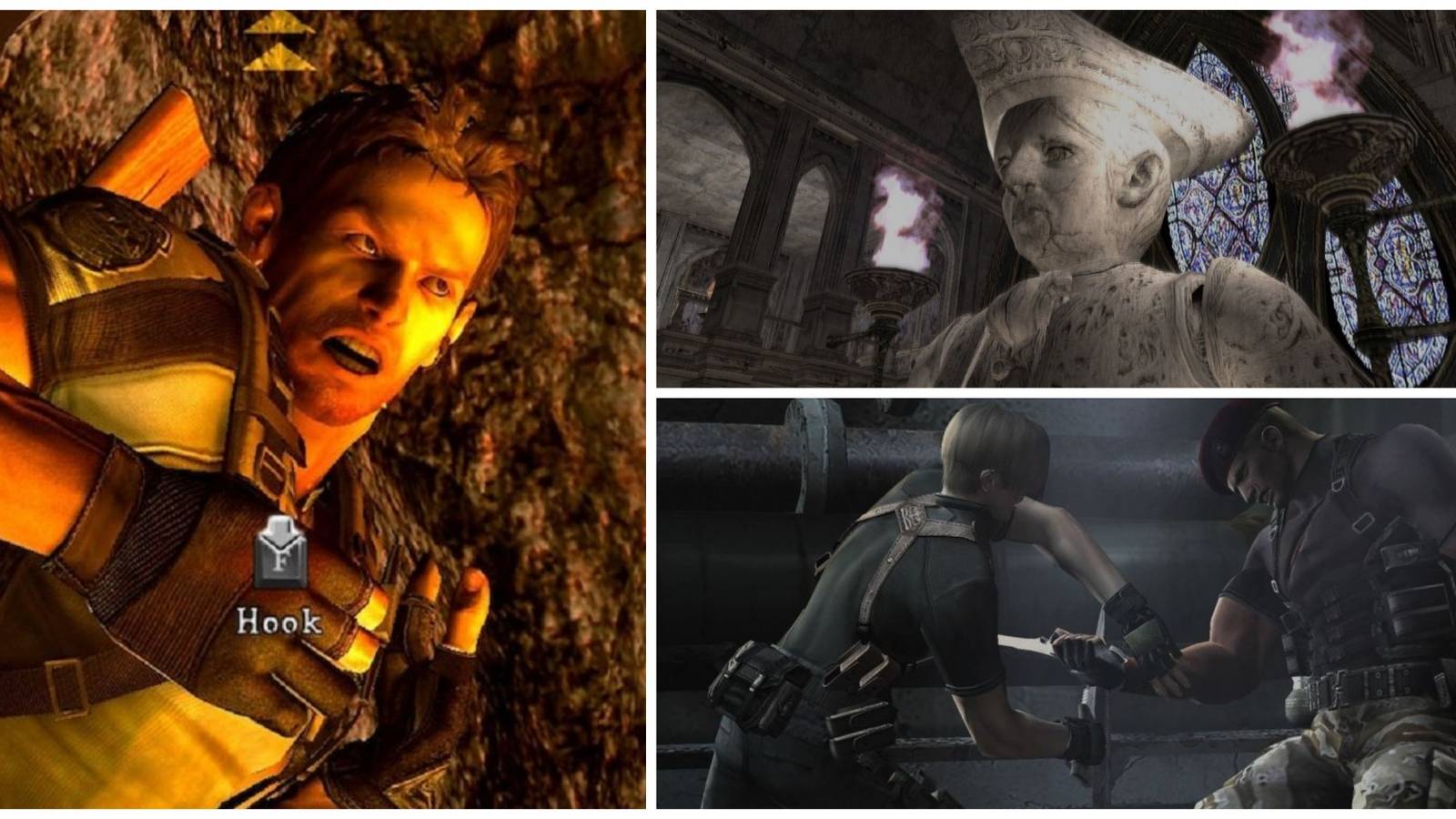 Left: Chris punching a boulder. Top-right: A Salazar statue. Bottom-right: Leon and Krauser knife fight.