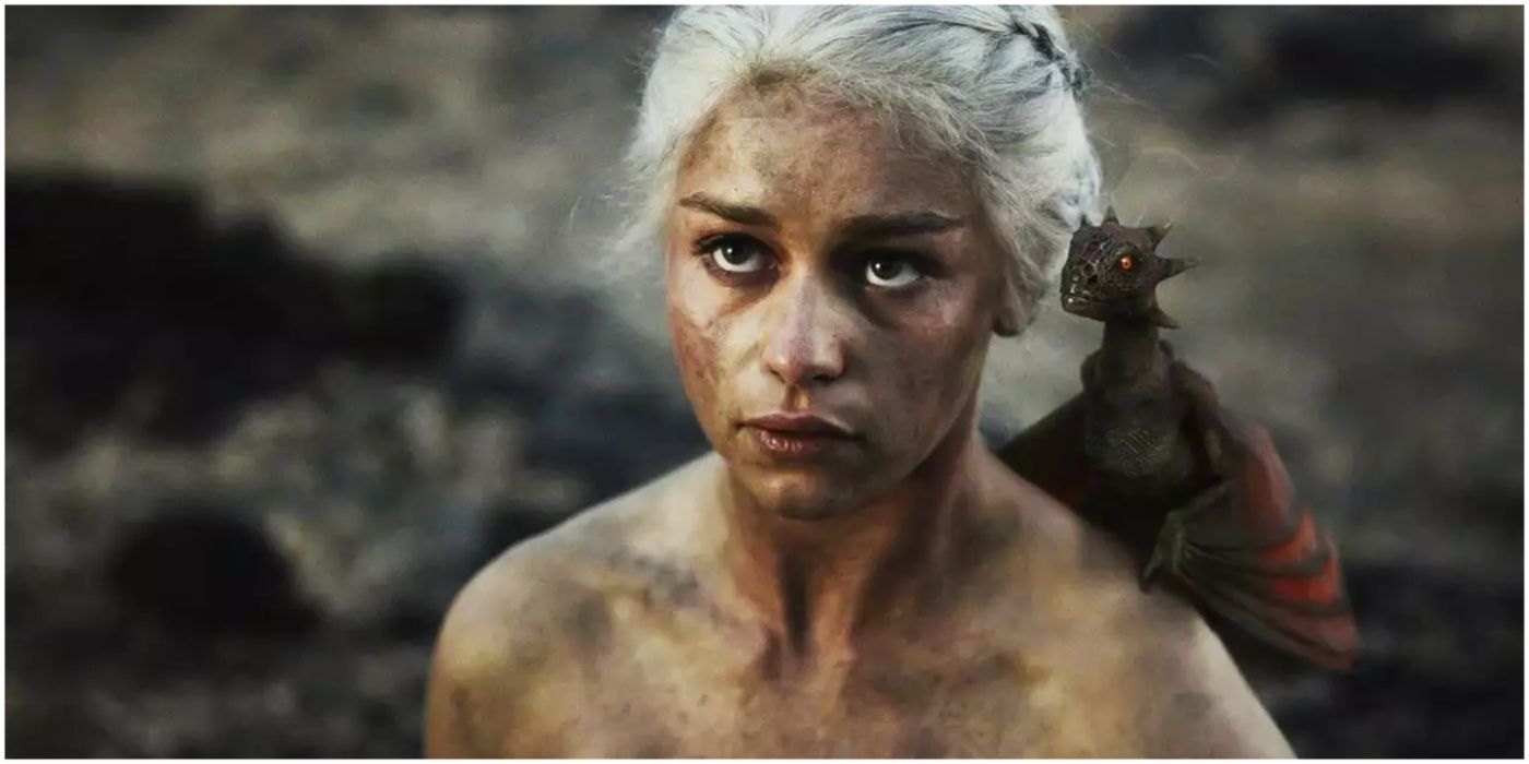 Daenerys Targaryen is alive and unburnt with baby Drogon in Game of Thrones.