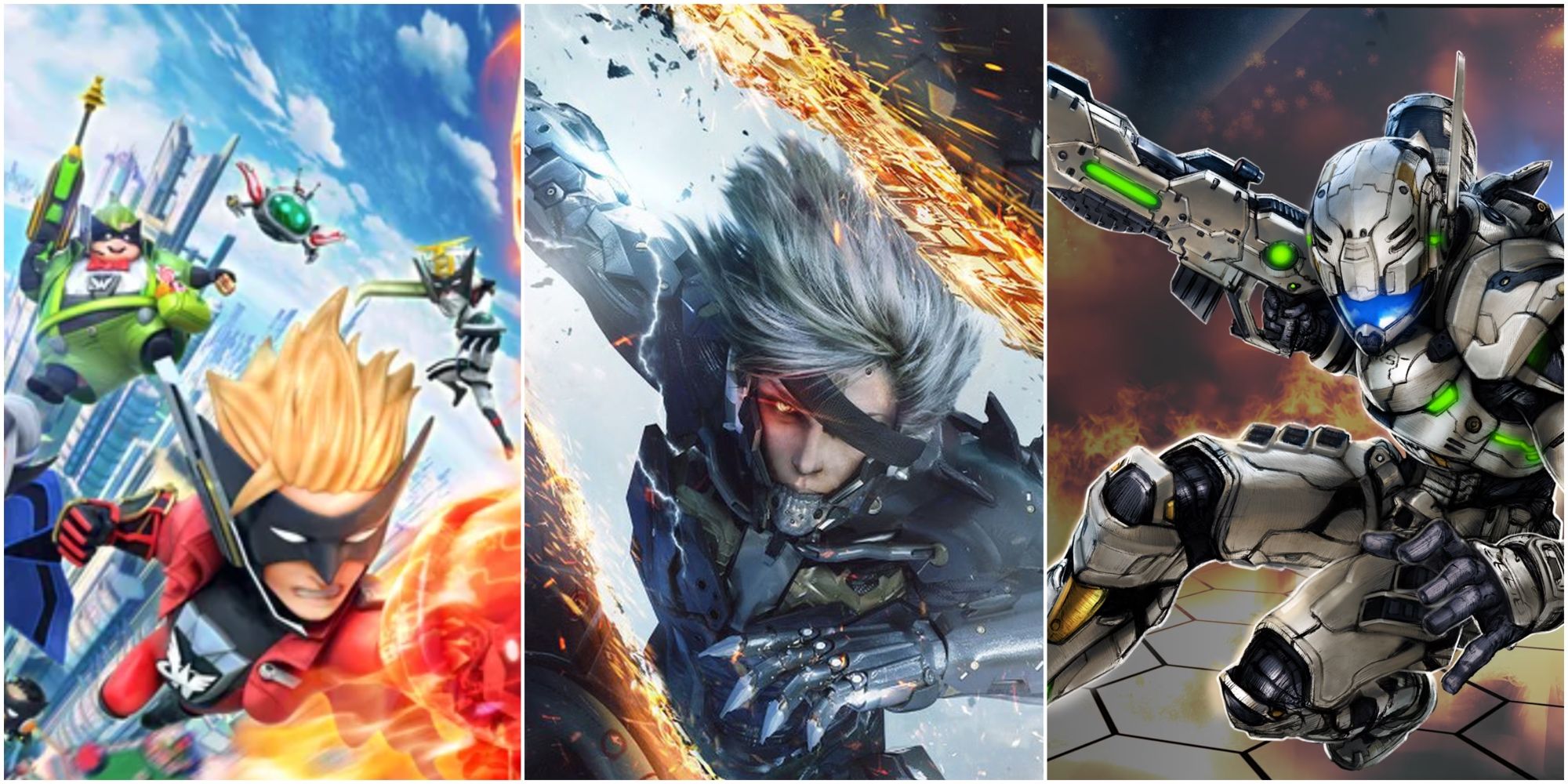 Split image Wonderful 101, Metal Gear Rising: Revengeance, and Vanquish protagonists in action poses