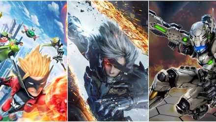 Split image Wonderful 101, Metal Gear Rising: Revengeance, and Vanquish protagonists in action poses