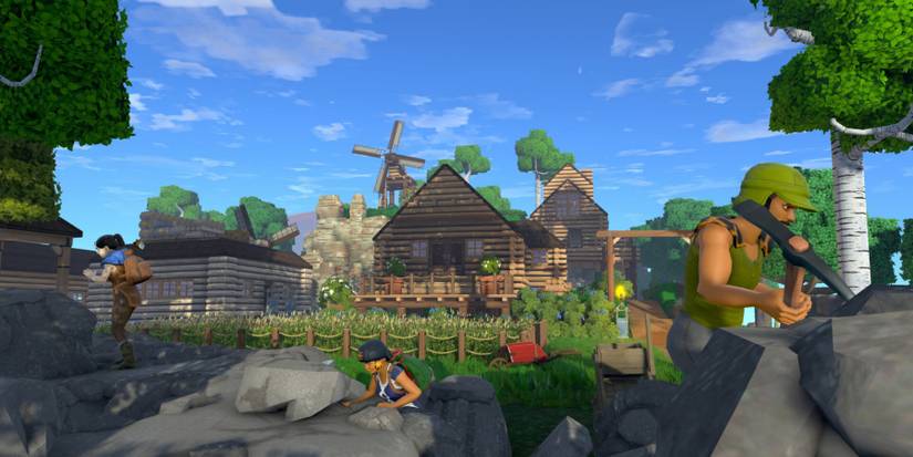 A peaceful village in Eco with players working the land by mining the rocks