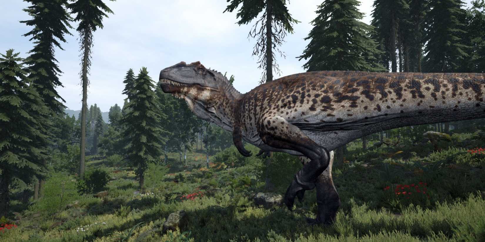 A T Rex from The Isle looking towards the camera as it walks through the forest