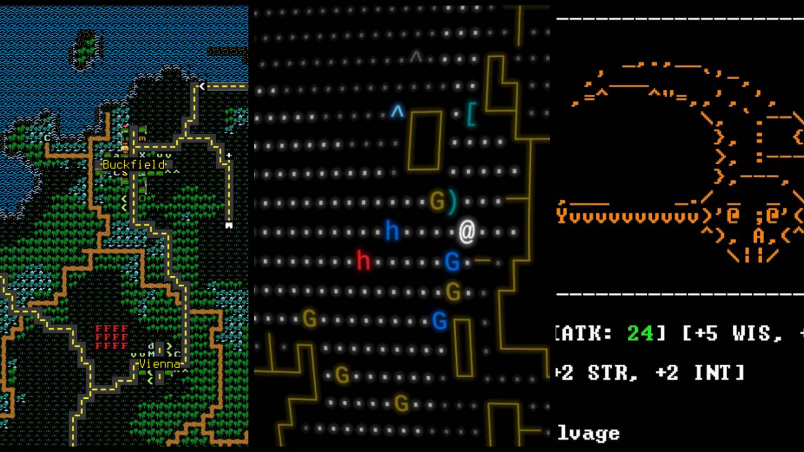 Screenshots from Cataclysm Dark Days Ahead, NetHack Legacy and SanctuaryRPG