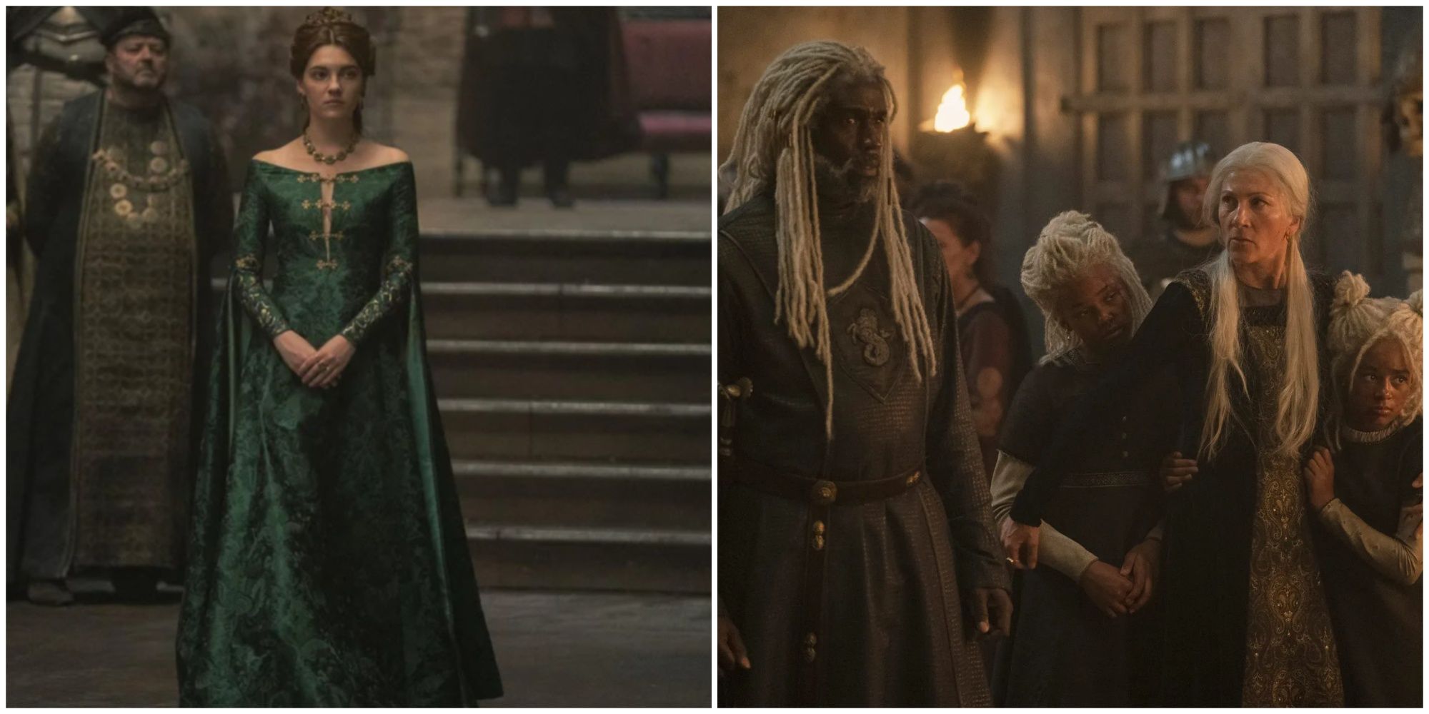 Split image of Queen Alicent of House Hightower and House Velaryon in House of the Dragon.