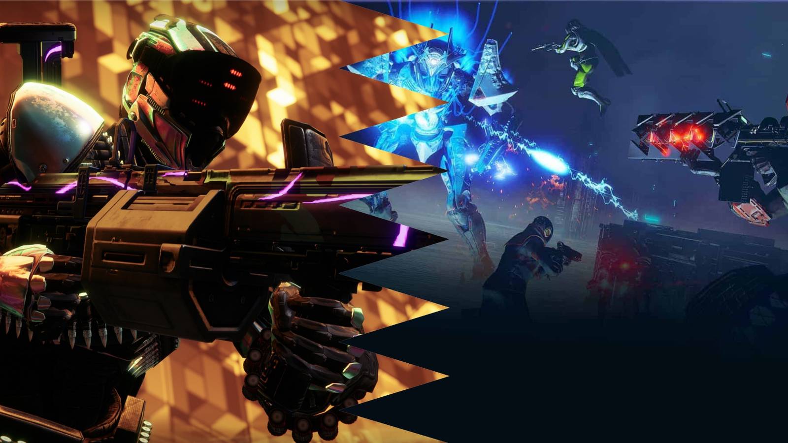 Collage of a Titan Holding a Grenade Launcher and a Fireteam Doing Damage Destiny 2