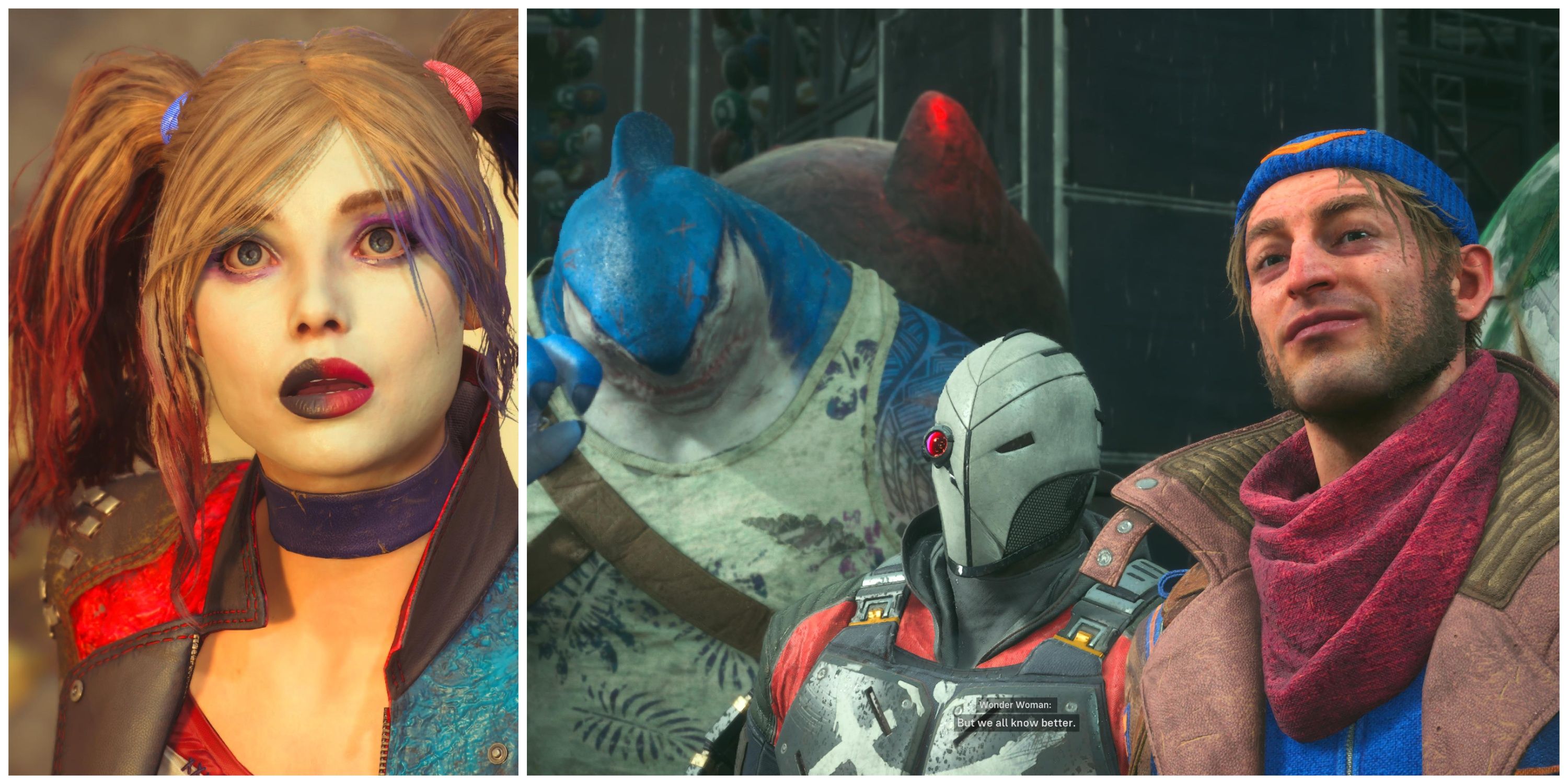 harley quinn looking up. left to right: king shark, deadshot, captain boomerang