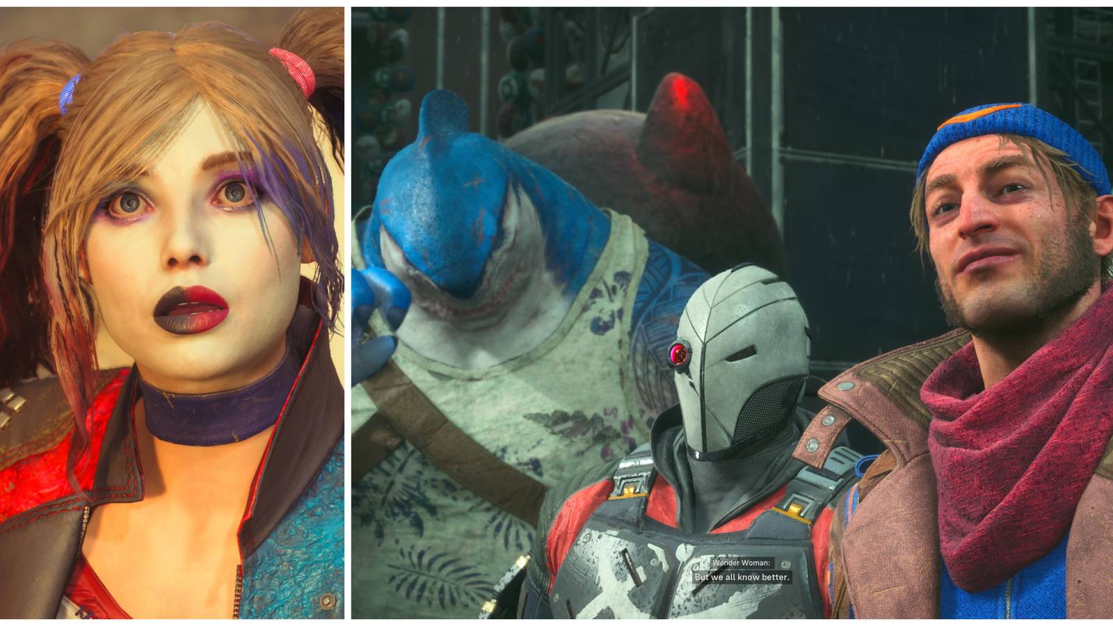 harley quinn looking up. left to right: king shark, deadshot, captain boomerang