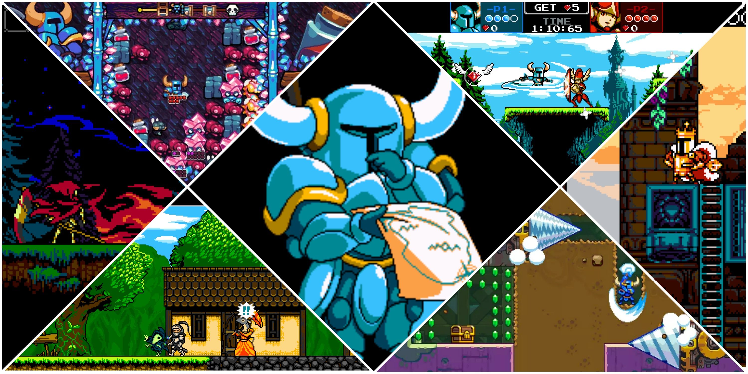 A collage of various Shovel Knight games arrayed around a confused Shovel Knight