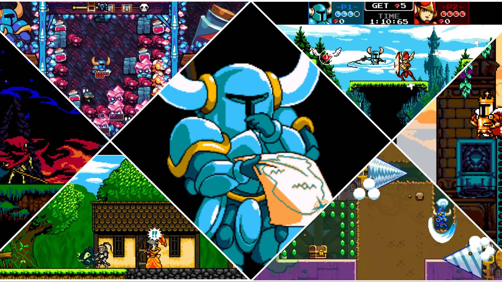 A collage of various Shovel Knight games arrayed around a confused Shovel Knight