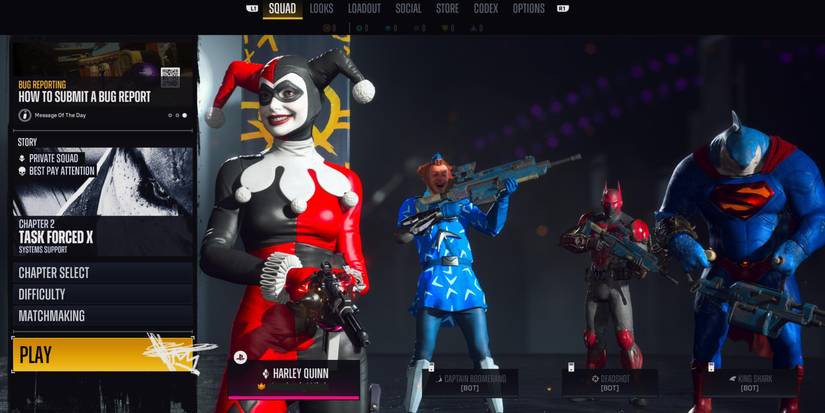 squad menu with the four original suicide squad members: harley quinn, captain boomerang, deadshot and king shark