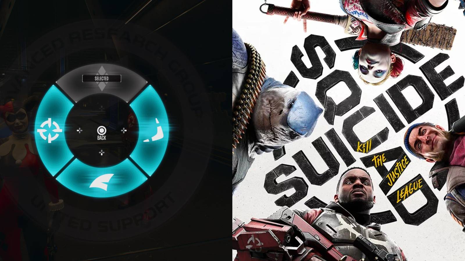 suicide squad character wheel. Four core members looking down: harley quinn, captain boomerang, deadshot, king shark (clockwise rotation)