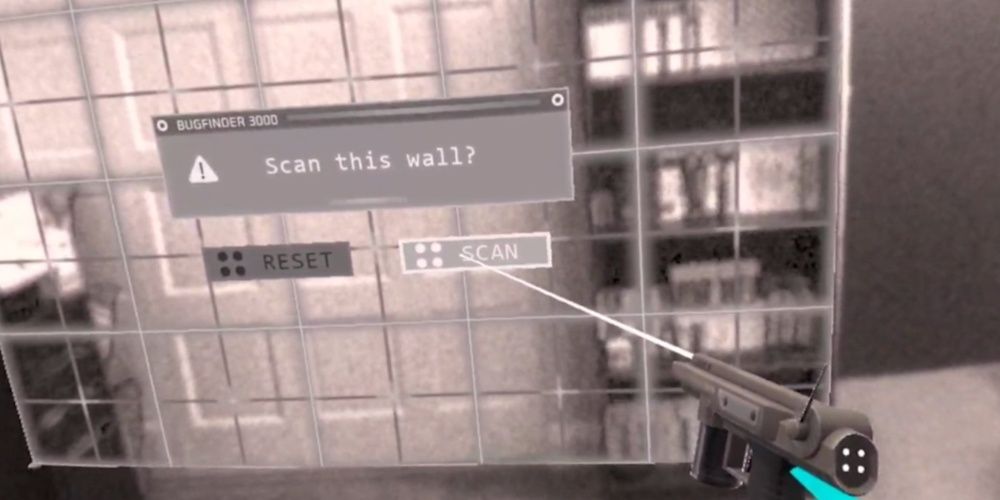 A gun pointing at a wall attempting to scan it