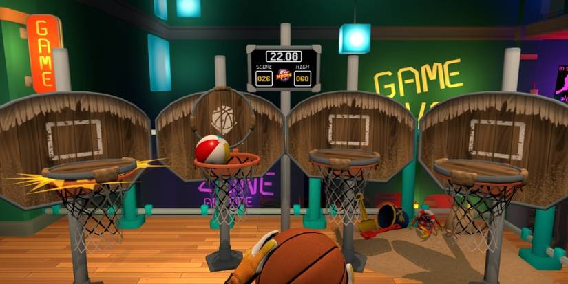 A basketball being thrown into 4 different hoops