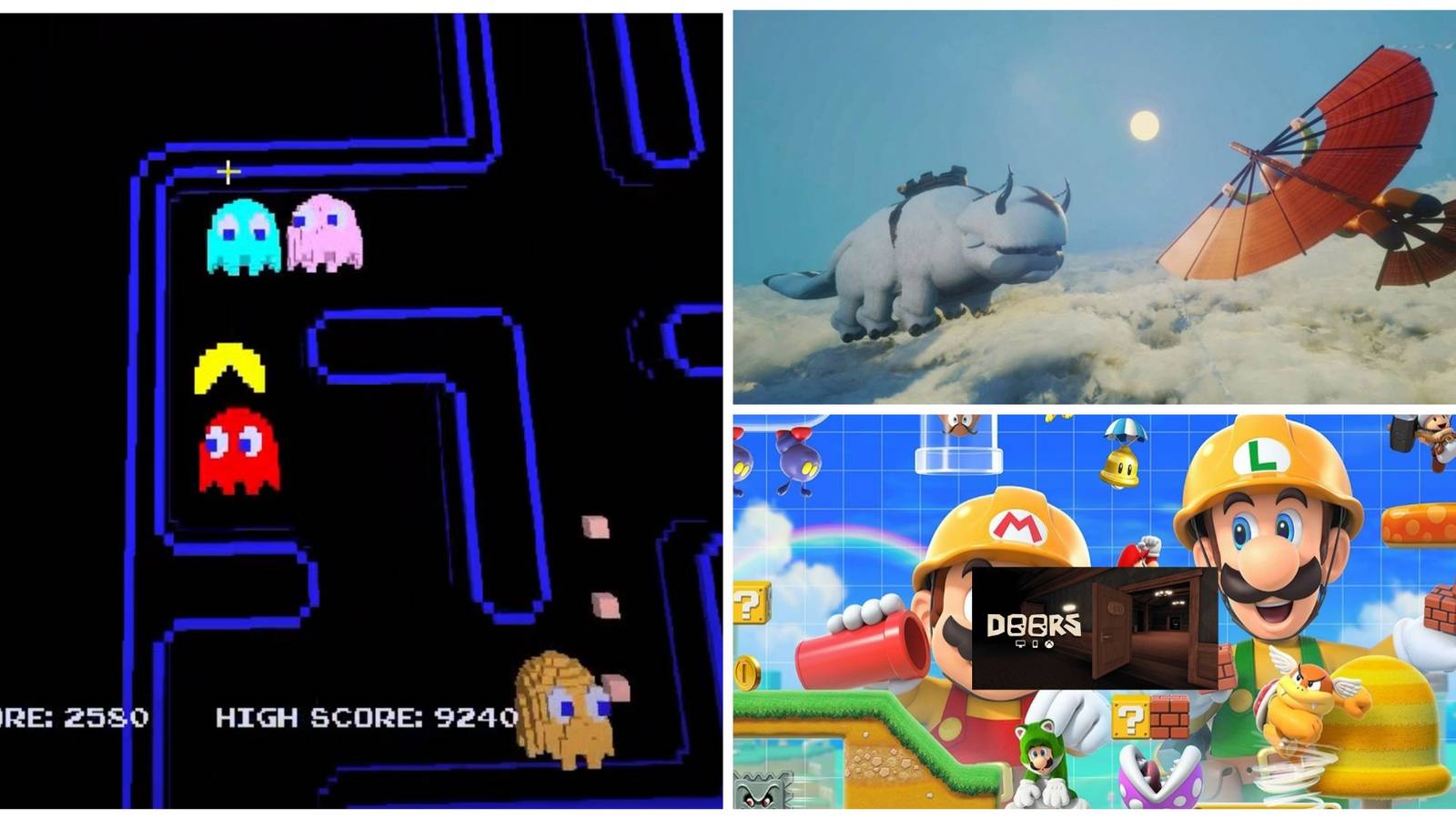 Left: Pac-Man in Minecraft. Top-Right: Aang and his sky bison Appa in Dreams. Bottom-right: Mario and Luigi in their construction outfits from Super Mario Maker 2.