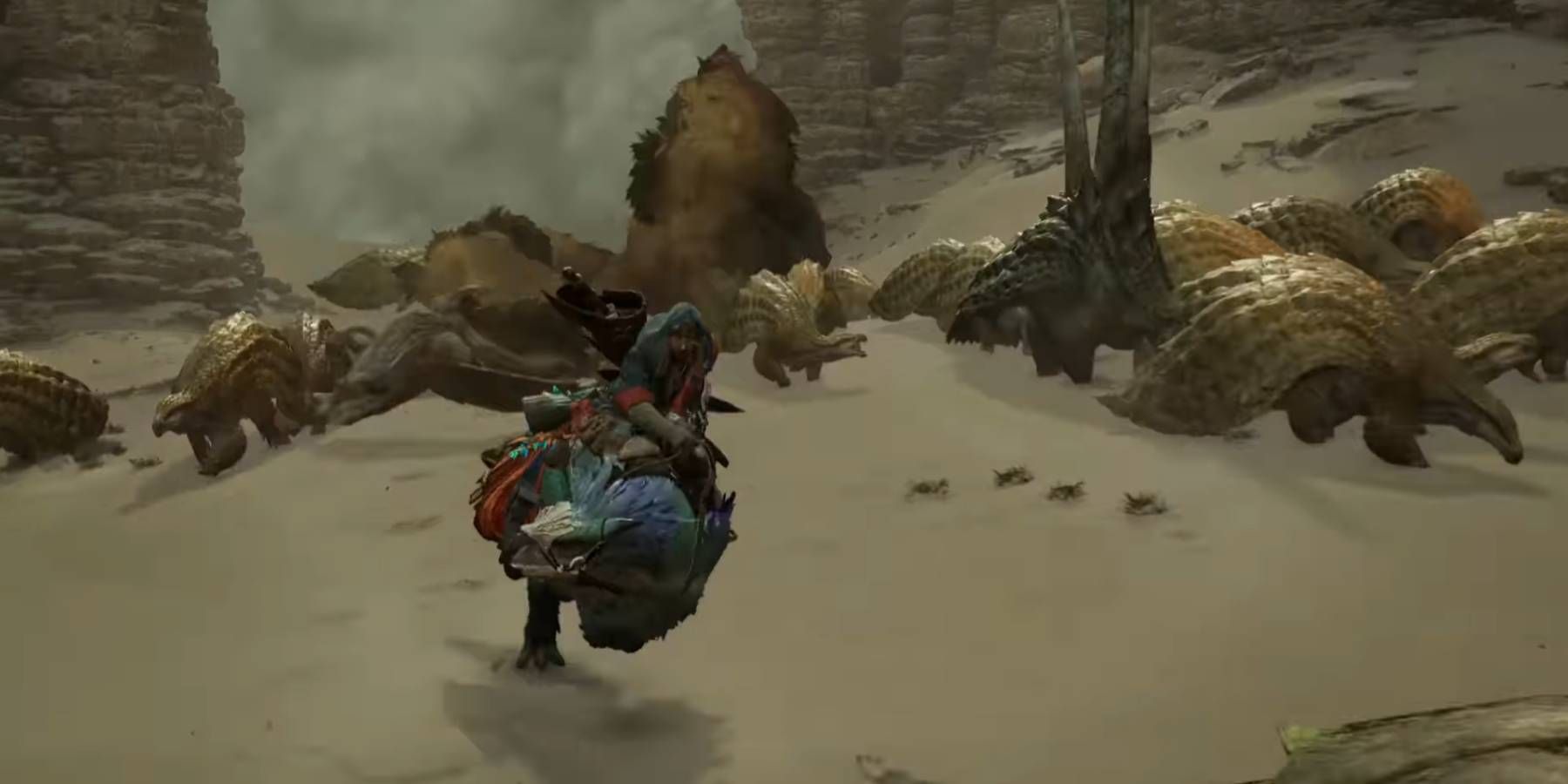The player's mount running ahead of a stampede in Monster Hunter Wilds